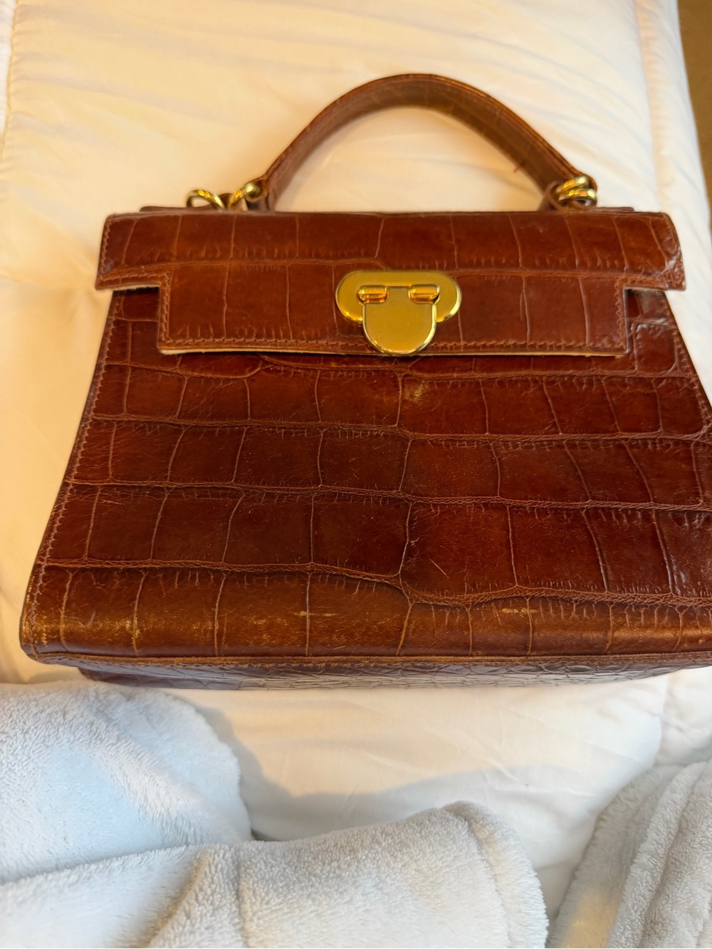Furla Brown Croc-Embossed Top Handle Satchel with Gold Hardware